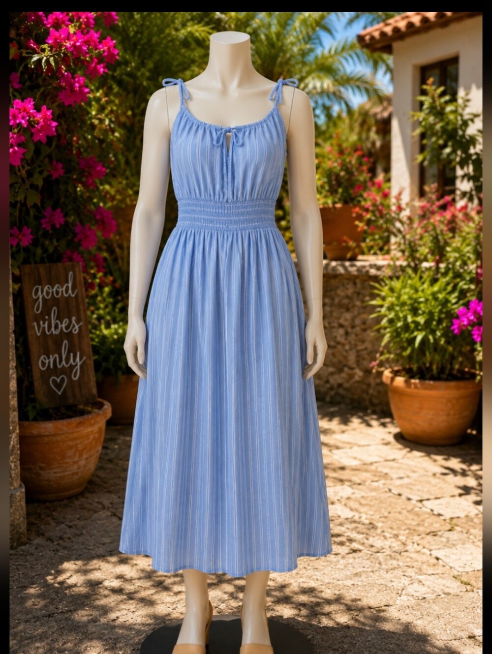 Ava & Viv Blue Striped Tie-Shoulder Maxi Dress, With Pockets Pit 24 Length 46" - Picture 1 of 5